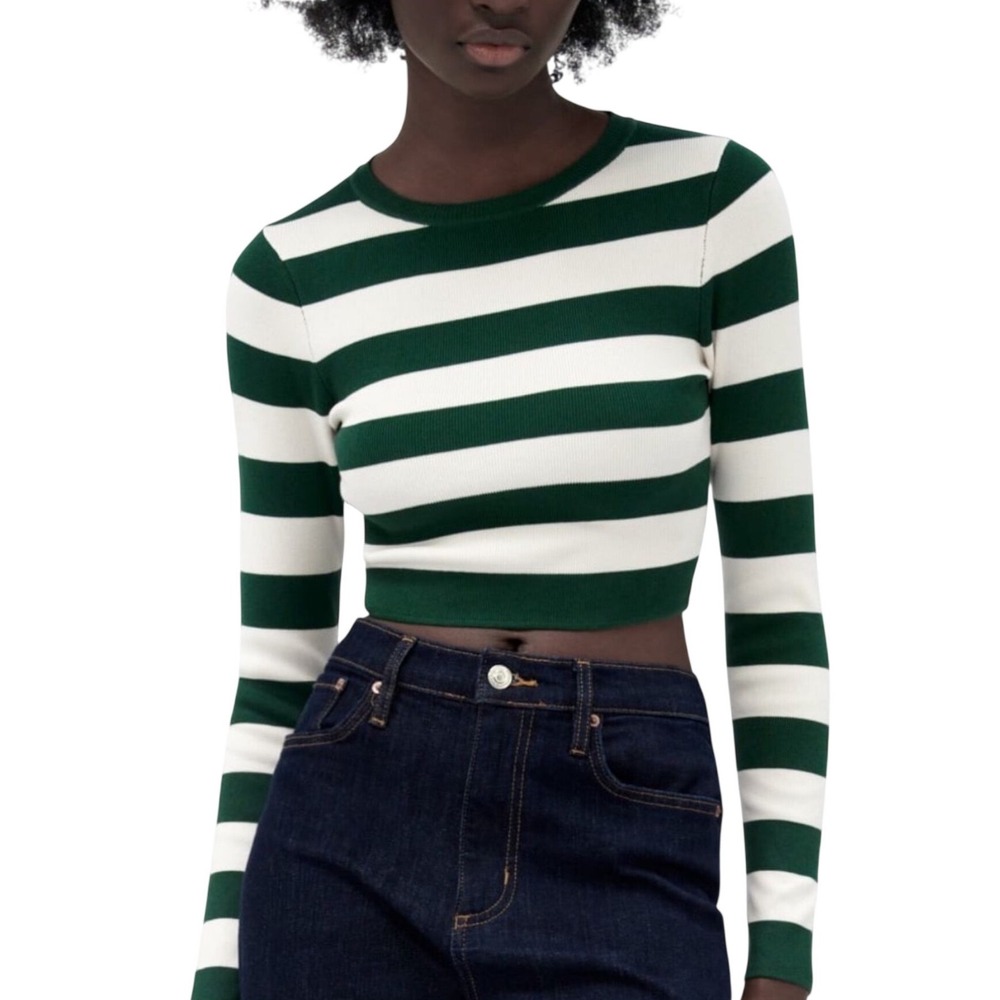 Zara Green White Striped Ribbed Knit Cropped Long Sleeve Sweater Small